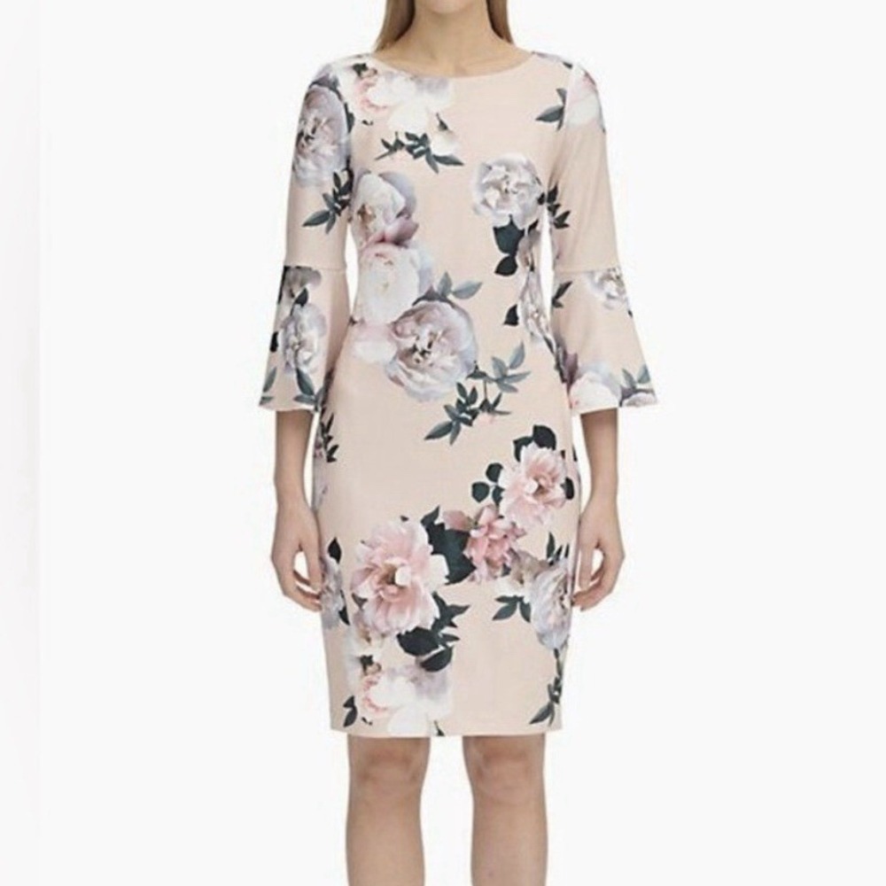 Calvin Klein Pink Floral Bell Sleeve Stretch Crepe Sheath Dress Size 2